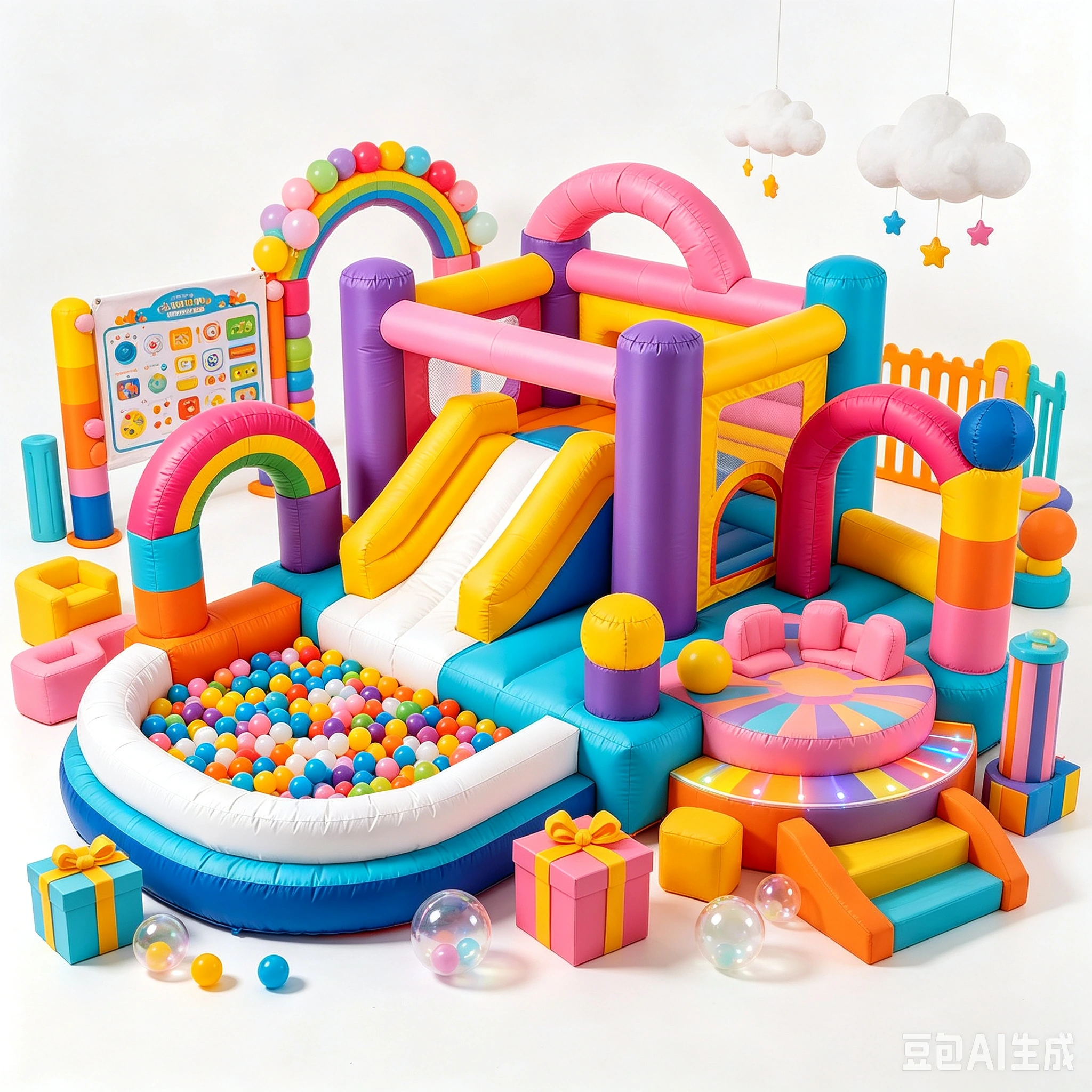 Colorful multi-level indoor playground with slides, climbing activities and open play zones